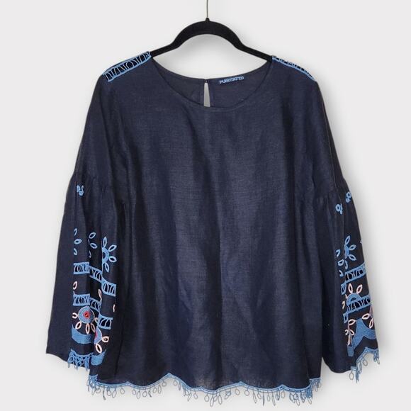 Purotatto Embroidered Bell Sleeve Blouse Blue 100% Linen Women's Medium - Picture 1 of 11